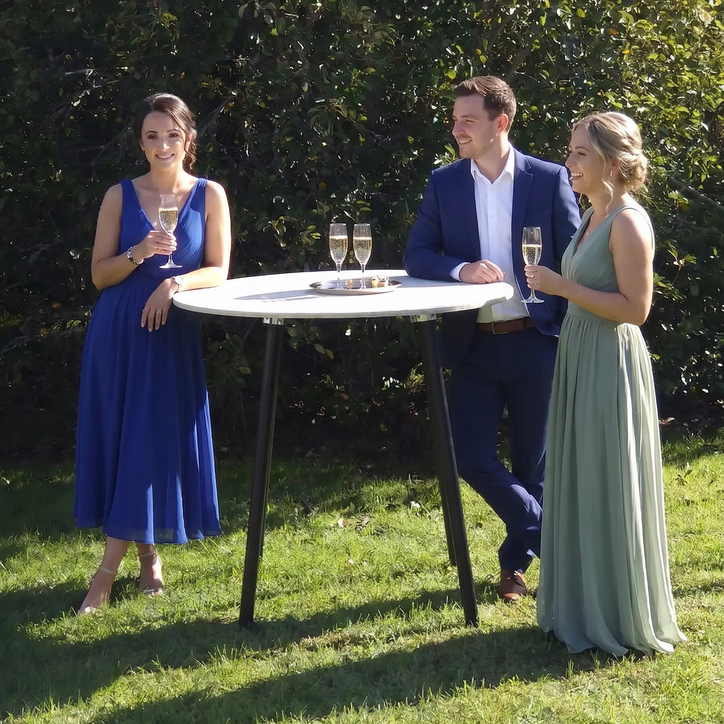 1200mm white round bar leaner table for hire