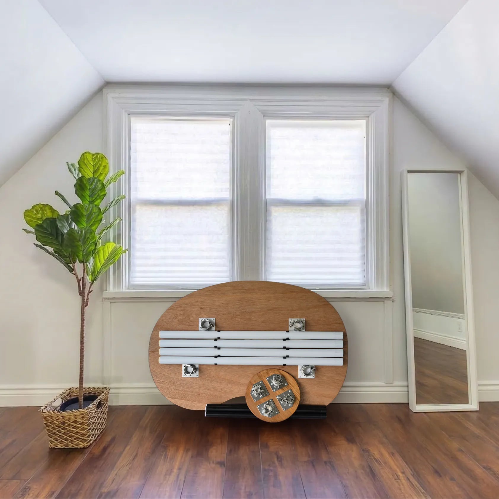 Elegant oak standing desk with folding white legs