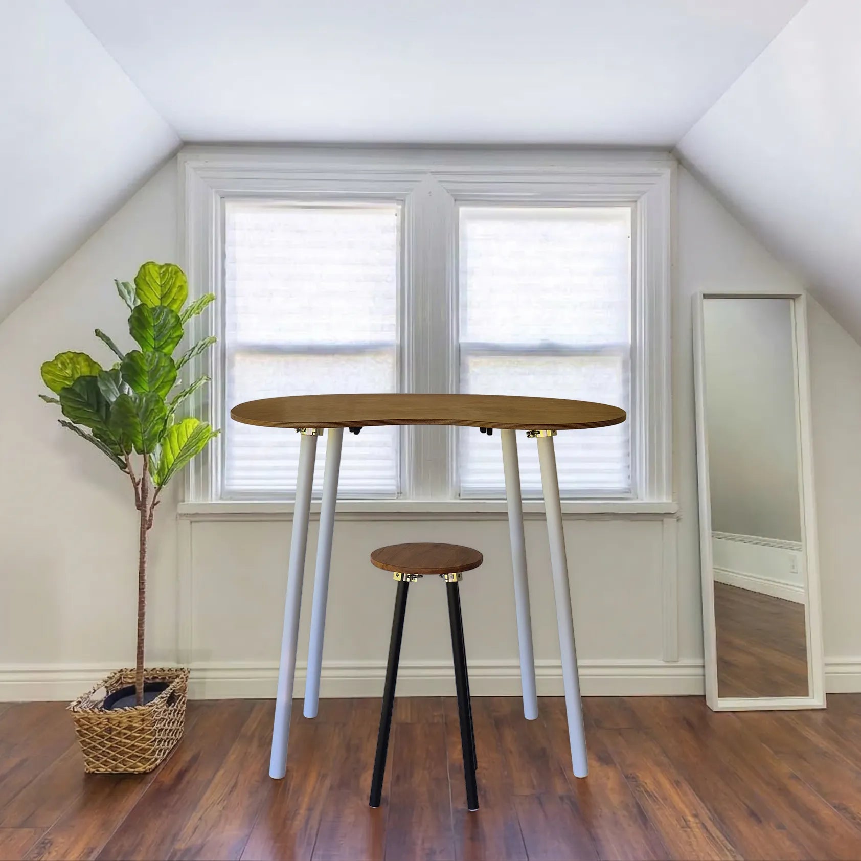 Elegant oak standing desk with folding white legs